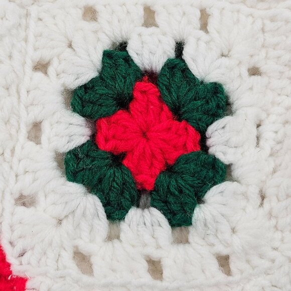 Vintage Granny Square Stocking Handmade Crochet Christmas Holiday Holly Decor - Picture 3 of 6